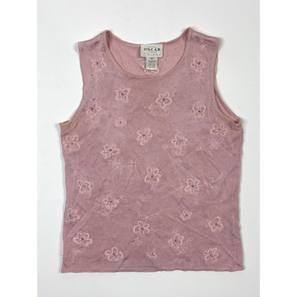 Oscar de la Renta Pink Sleeveless Tank Top Womens Medium Floral Embroidered VTG